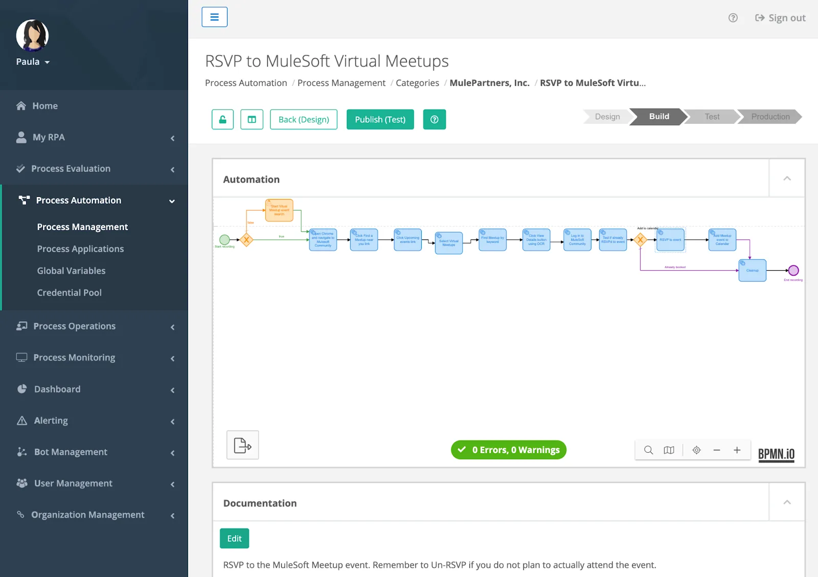 ライフサイクルの後続のビルドフェーズでもドキュメントを編集できることを示している MuleSoft RPA Manager の BPMN エディター。