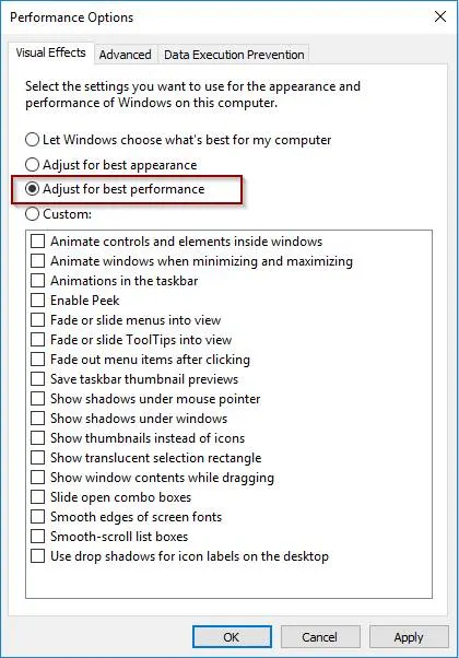 The Performance Options dialogue box showing radio button Adjust for best performance selected.