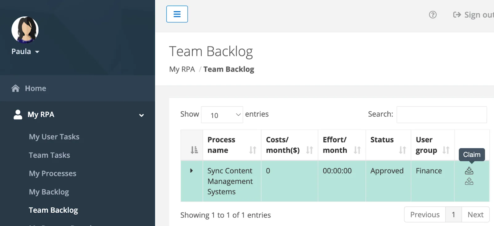 Team Backlog view showing Candidate RPA processes sent to a Center of Excellence.