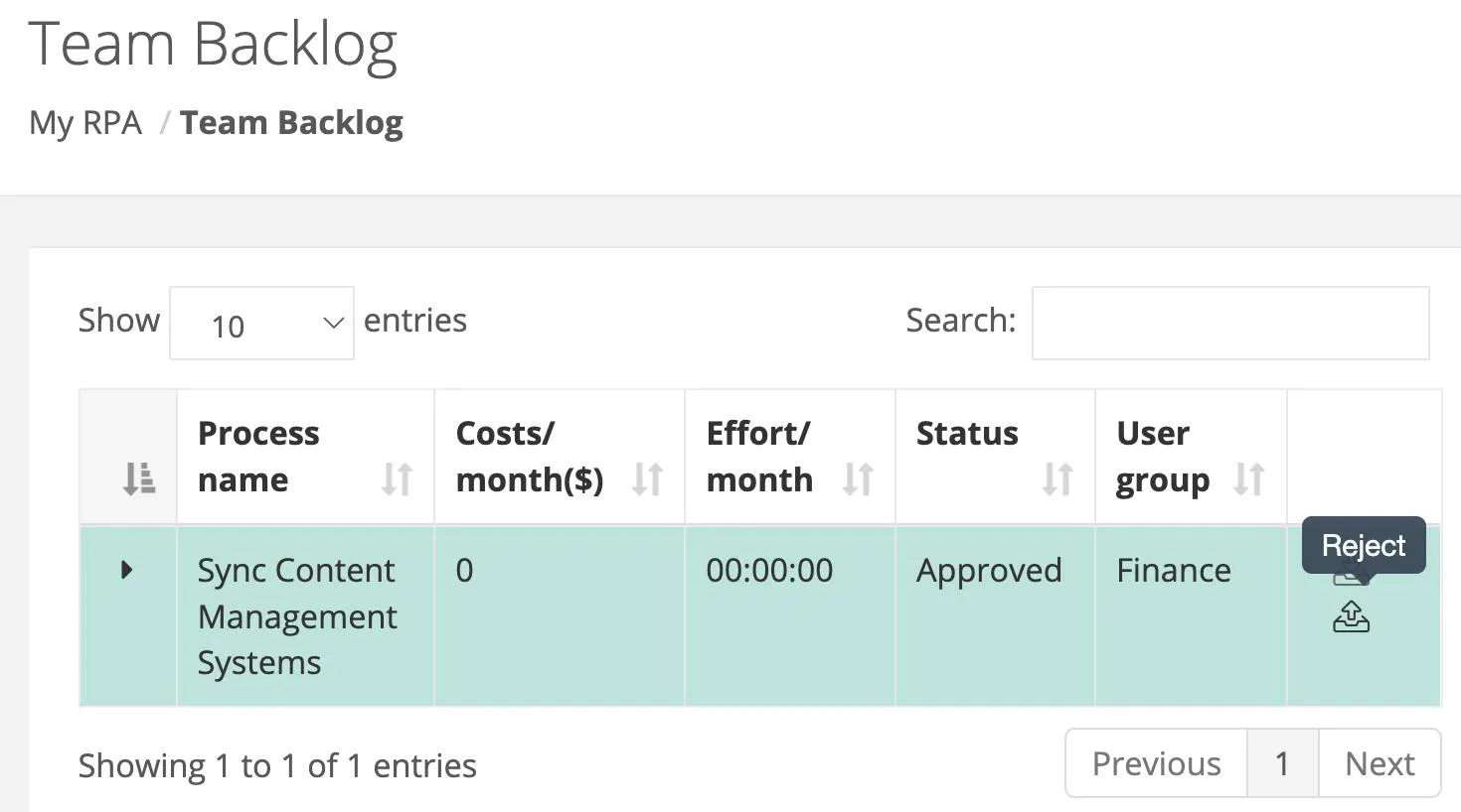 My Backlog view showing project manager’s assigned candidate RPA processes with the option to start or reject automation.