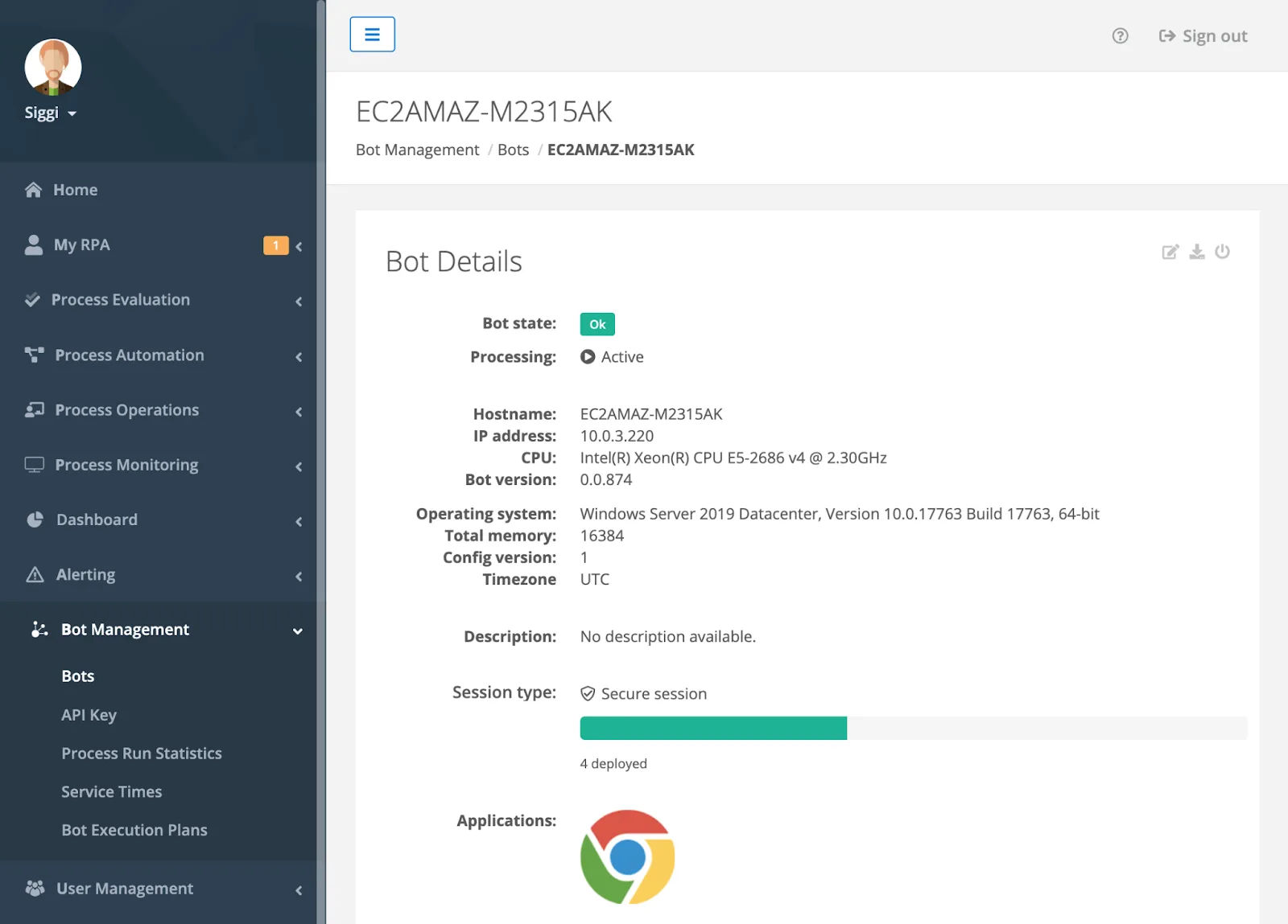 The RPA Bot view under Bot Management