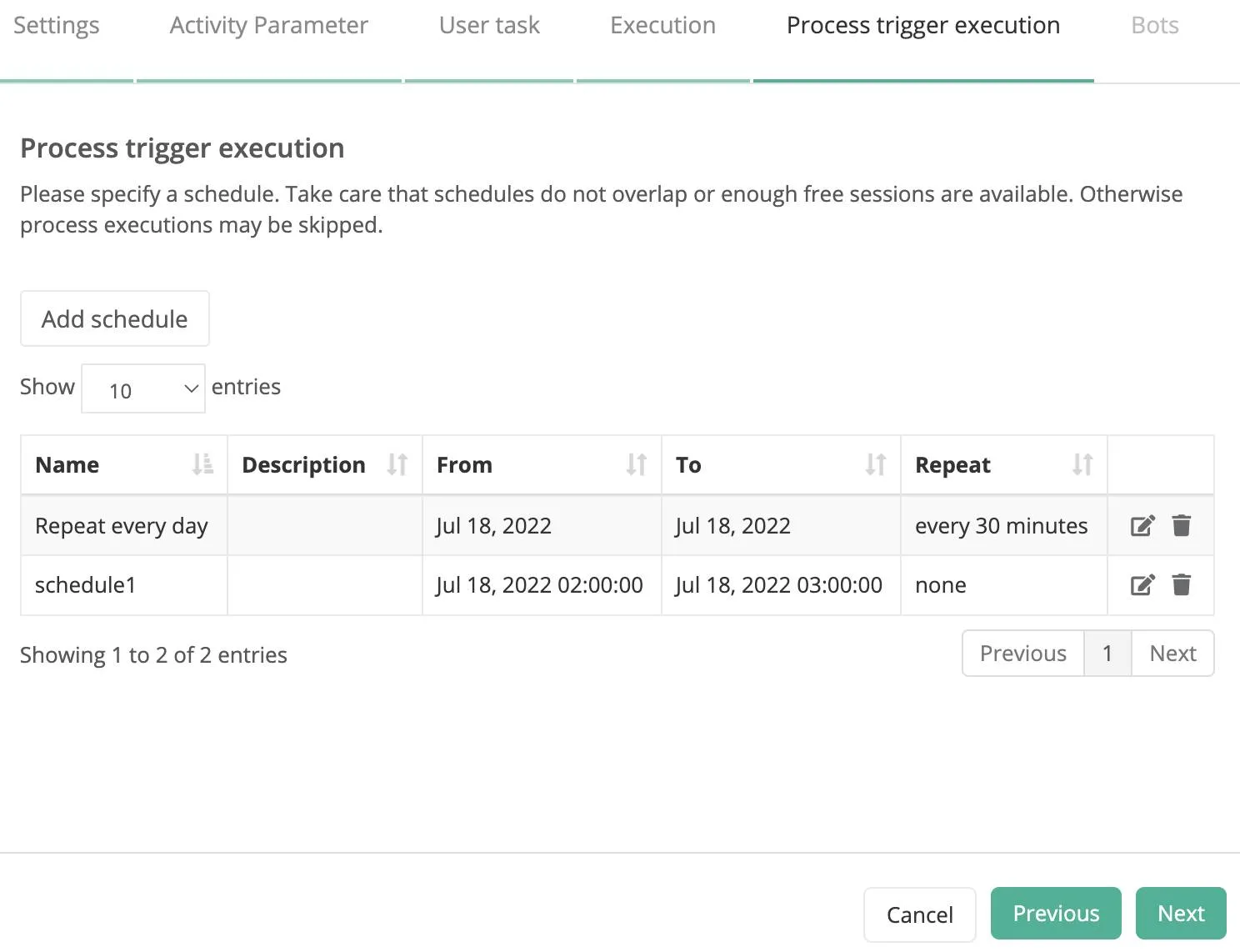 RPA プロセスの複数のスケジュールが表示されている [Process trigger execution (プロセストリガー実行)] ステップ。