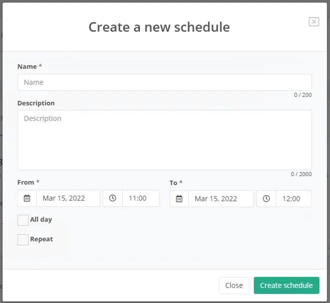 初期実行パターンを設定し、パターン反復の条件と方法を指定する [Create a new schedule (新規スケジュールを作成)] ウィンドウ。