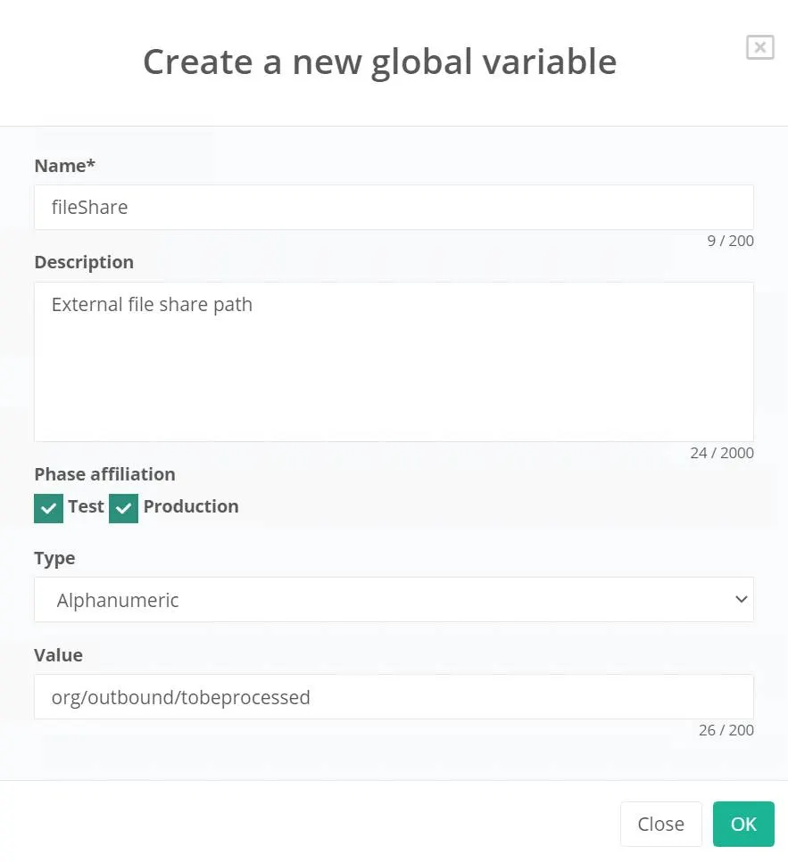 Create a new global variable screen with fields for name and description. Also, checkboxes to select phase affiliation, along with fields for type and value.