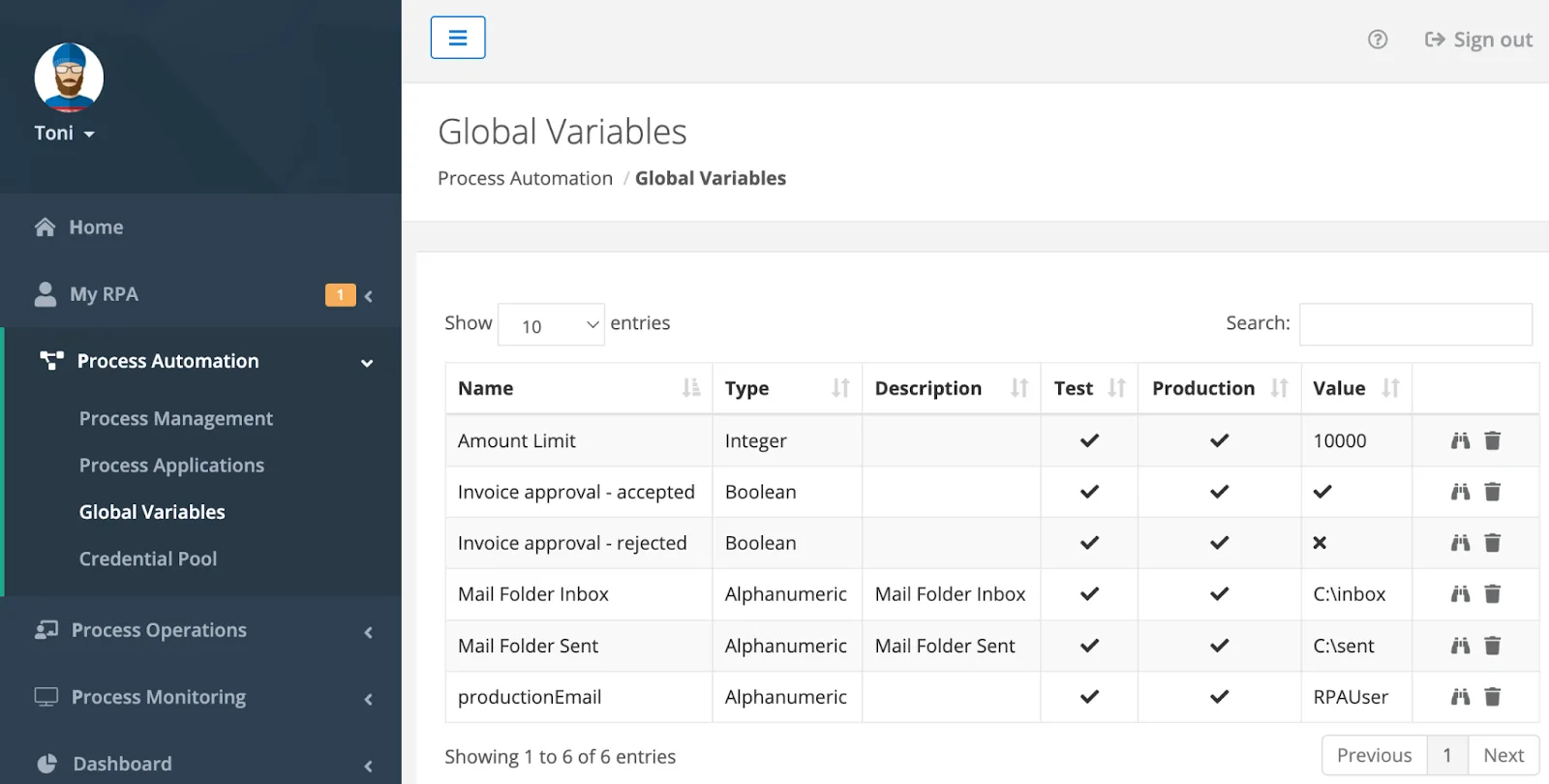 The Global Variables menu showing columns for name, type, description, test, production, and value.