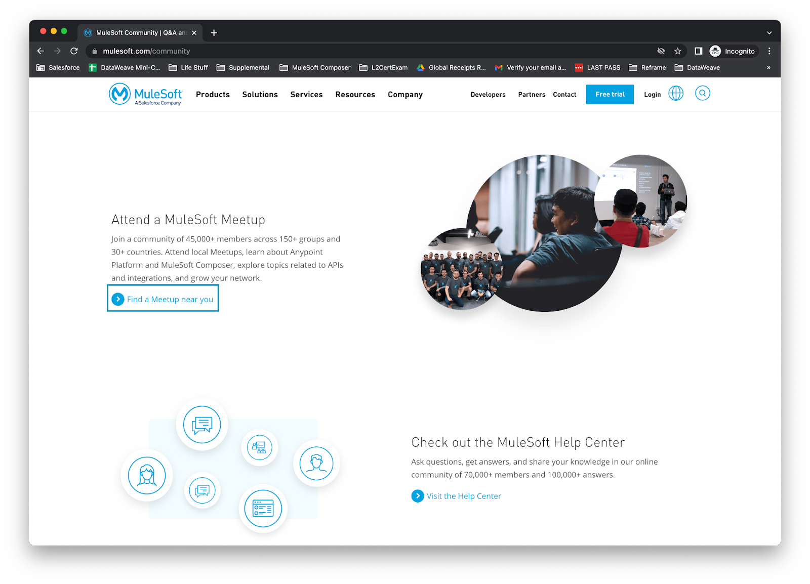 The mulesoft.com/community landing page where we’re searching for the text, “Find a Meetup near you,”