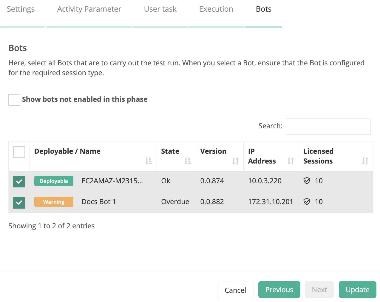 Bots tab in Create Test Plan dialog box showing two RPA processes with columns for name, state, version, IP address, and licensed sessions. One bot is in a deployable state and the other in a warning state.