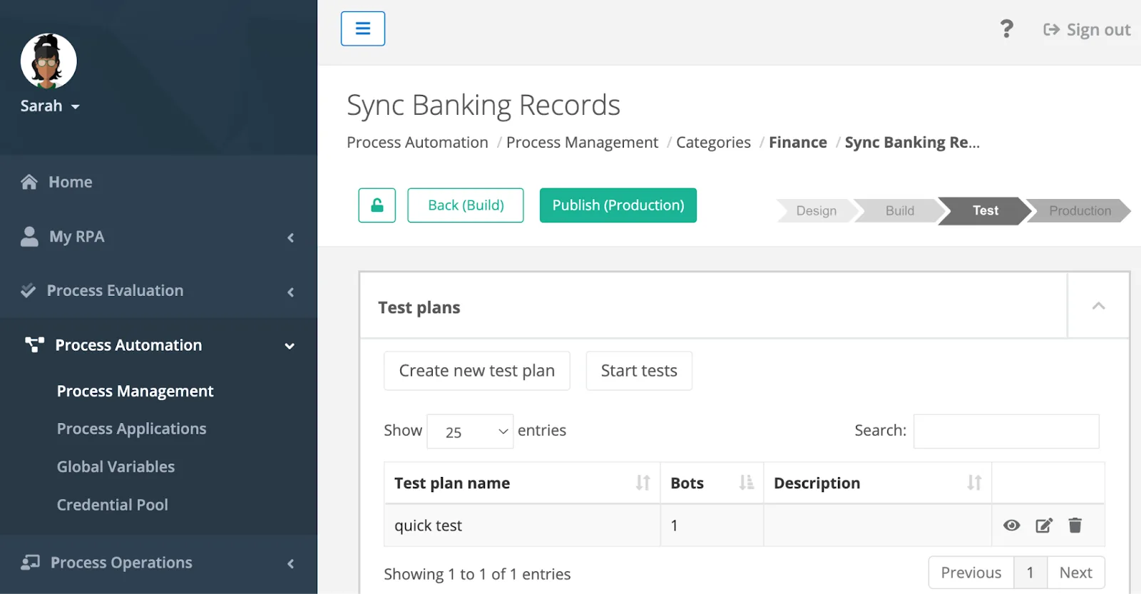 Project view in Test phase showing collapsed sections for test plans, test results, automation, documentation, implementation, and changelog.