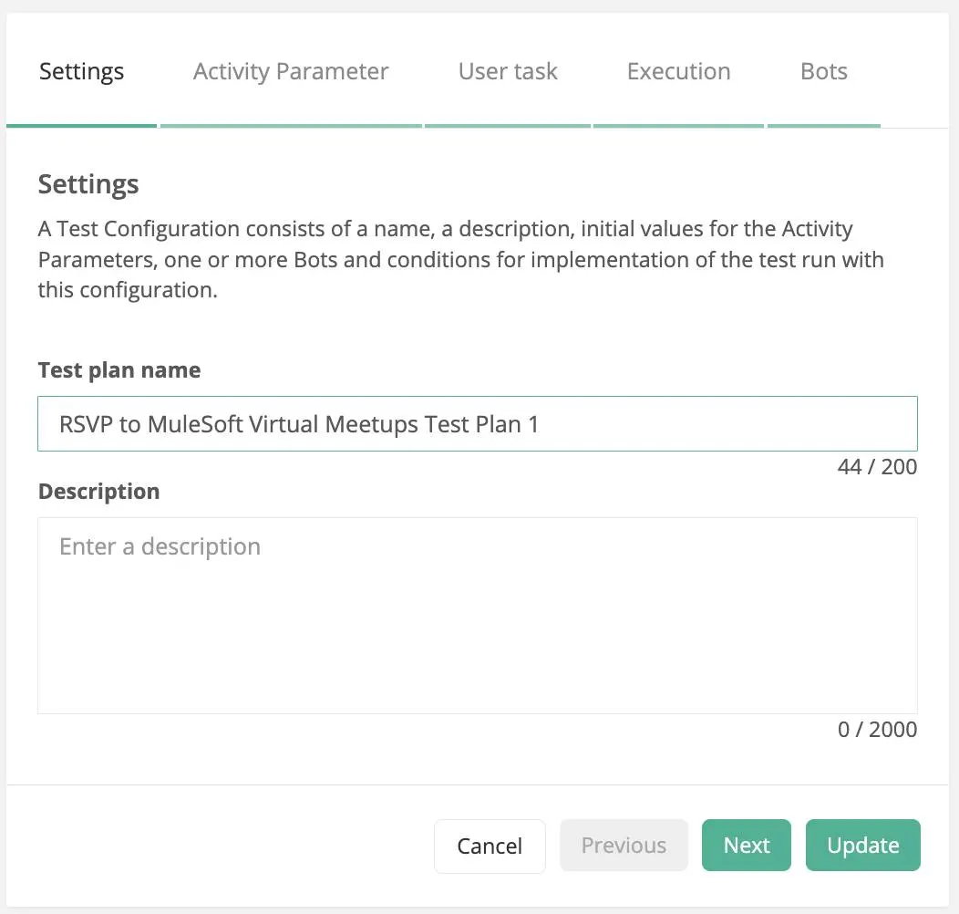 テストプラン名と説明を入力する項目が含まれている、[Create test plan (テストプランを作成)] ダイアログボックスの [Settings (設定)] タブ。