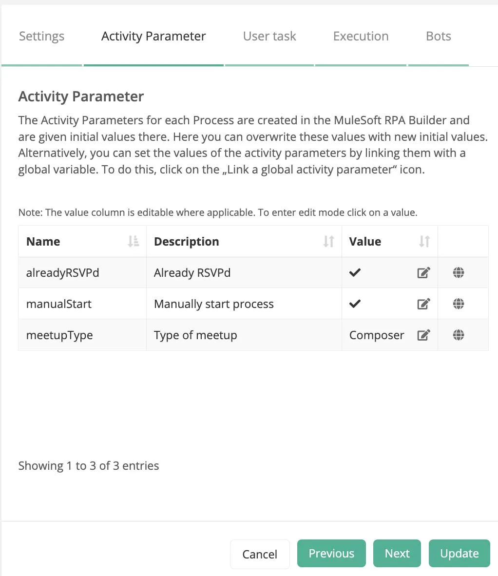 パラメーター名、説明、値が表示されている、[Create test plan (テストプランを作成)] ダイアログボックスの [Activity Parameter (アクティビティパラメーター)] タブ。