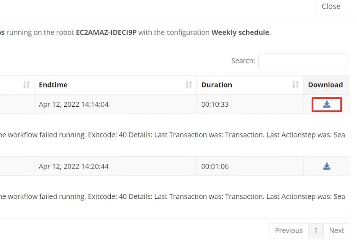 Process Run Results view details page for failed executions with the download icon highlighted to download an analysis package.