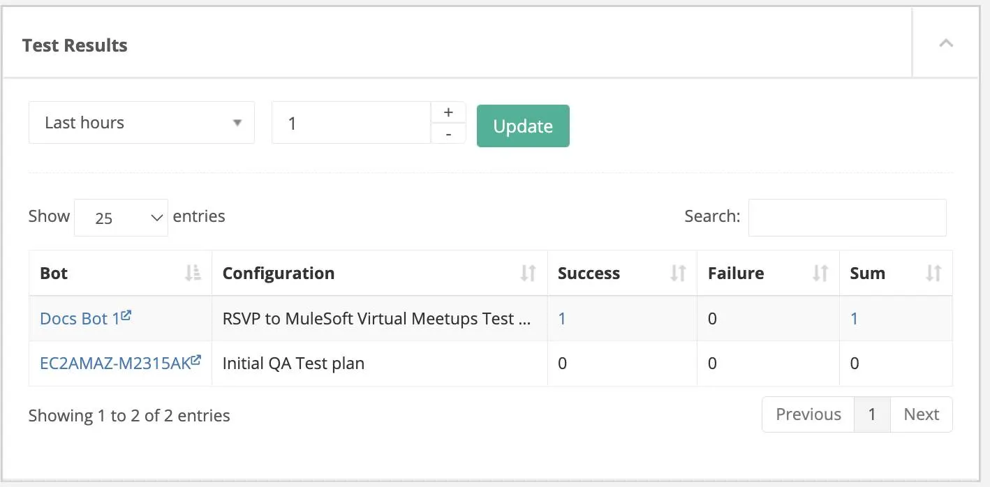 Test Results page in Project view showing two test plan configurations. One test configuration ran successfully.