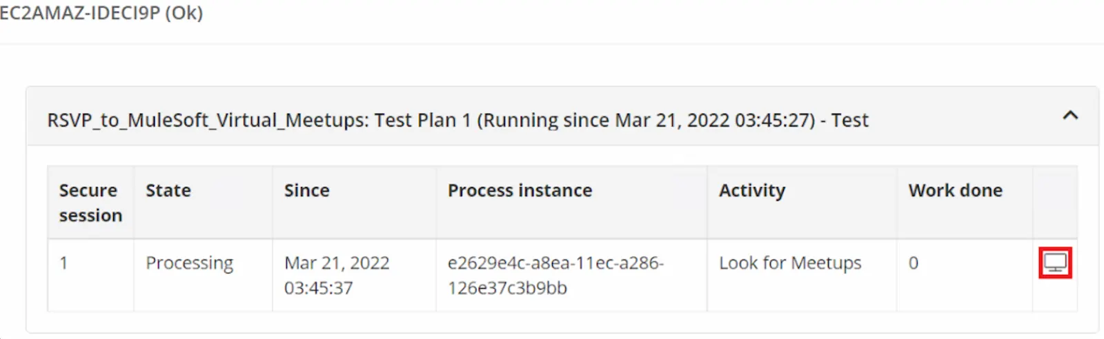 RPA process execution details on Robot State and Operations page with the monitor icon highlighted.