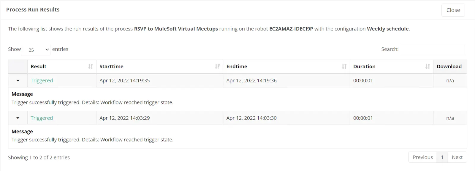 Process Run Results view details page showing test run results.