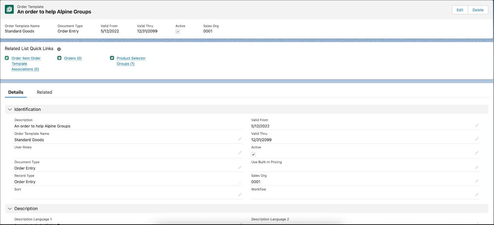 The Order Template record page showing the settings for the order process.