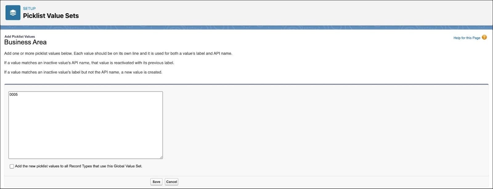 The Picklist Value Sets page showing the options to add picklist values for a business area.