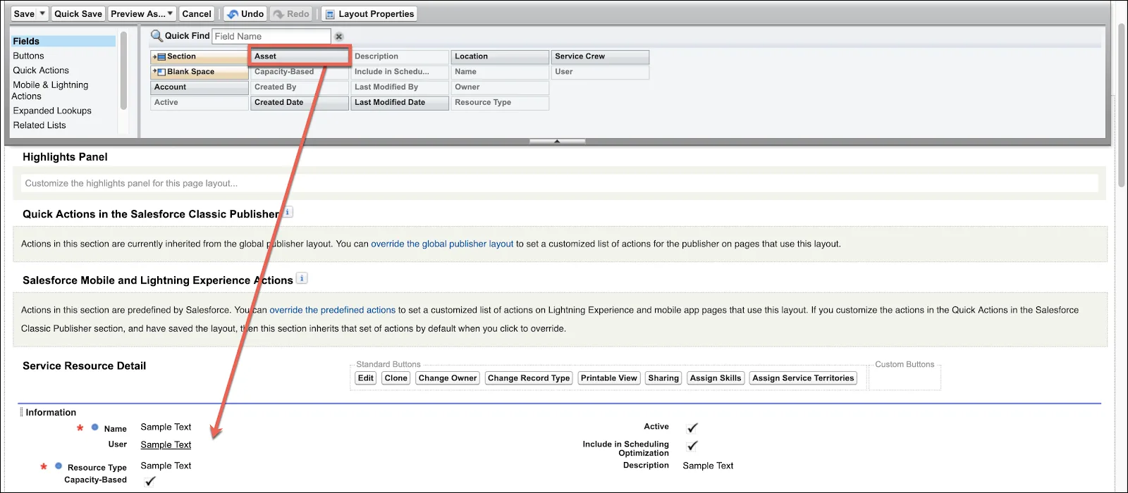 The Service Resource Layout page showing where the Asset field is dragged to.