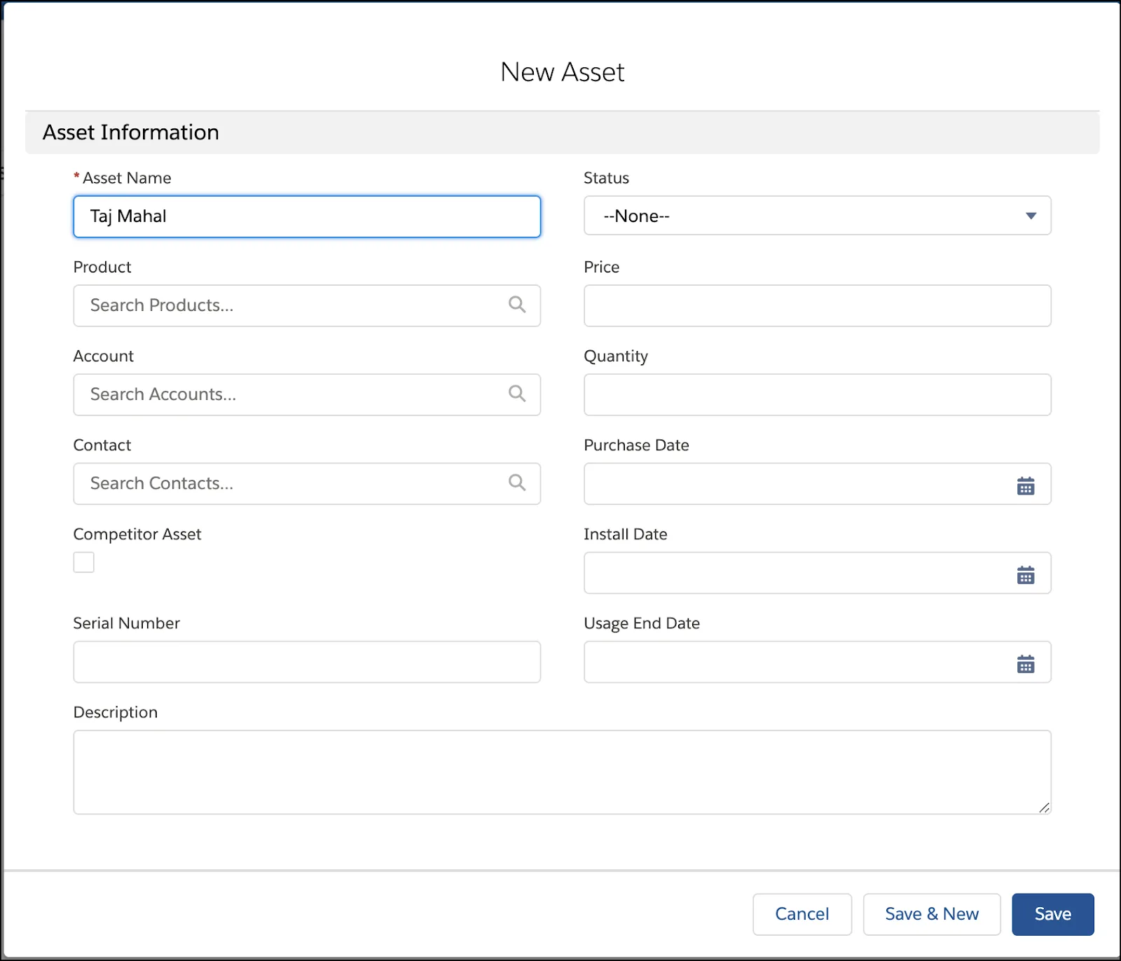 The New Asset window showing asset name entered as Taj Mahal.