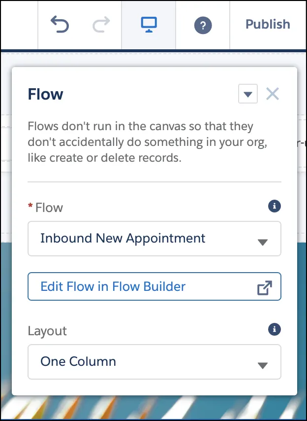 The Inbound New Appointment flow with the Publish button at the top.