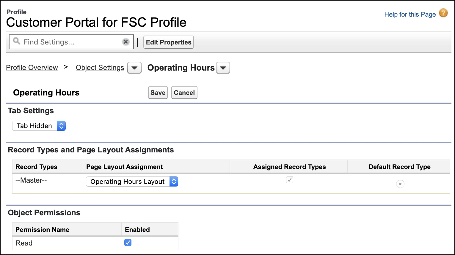 The Operating Hours section showing Read permission enabled.