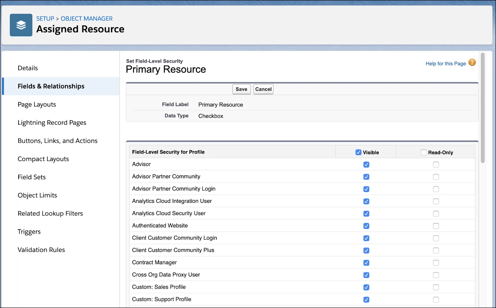 The Primary Resource page with the Visible checkbox selected for all profiles.