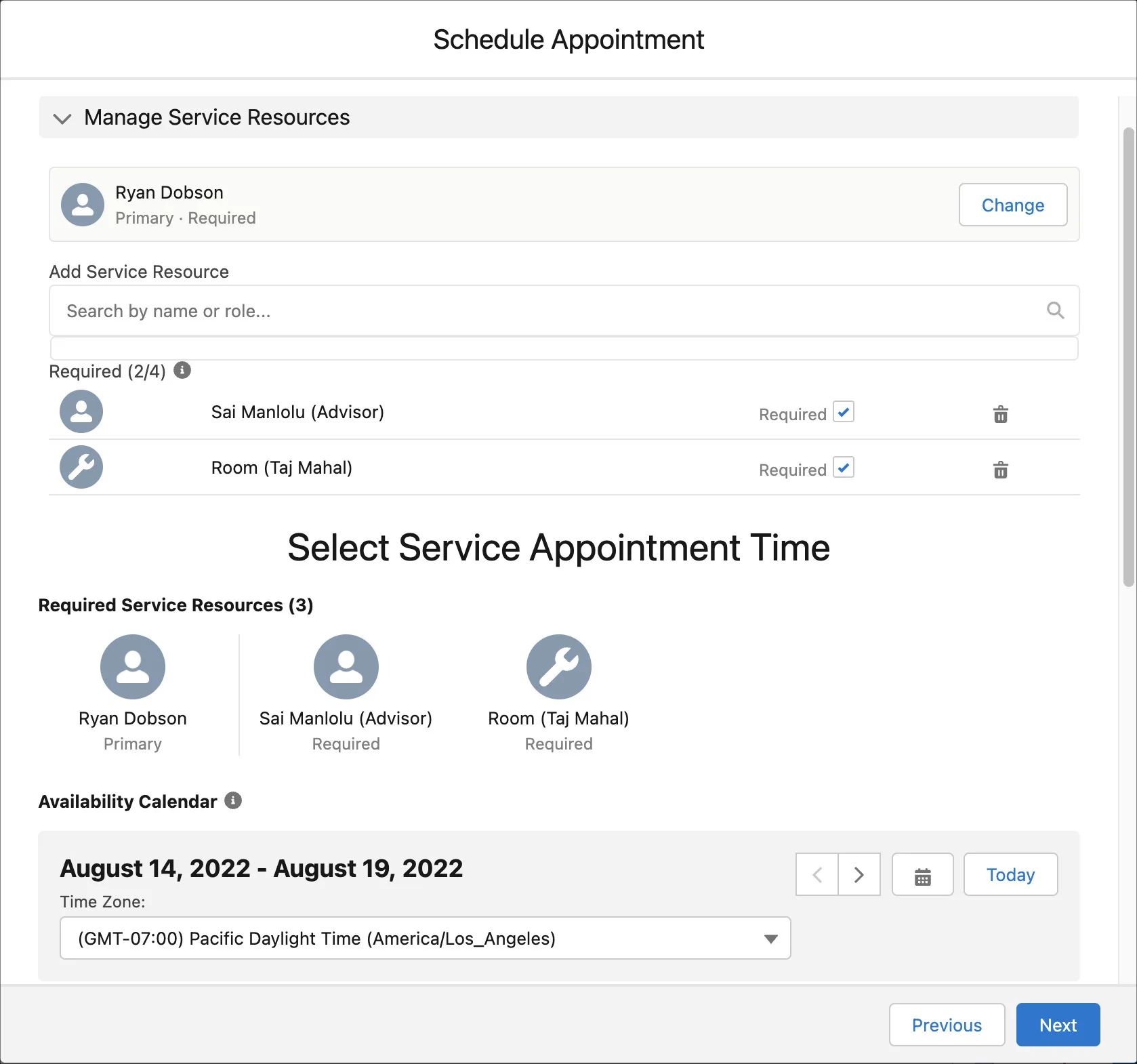 Schedule Appointment window showing the available dates and times for Ryan, Sai, and the conference room combined.