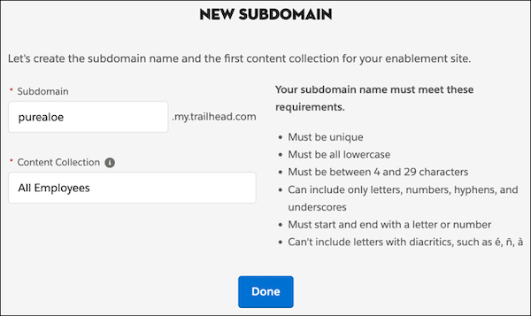 The subdomain provisioning page, showing the Pure Aloe subdomain name and initial content collection.