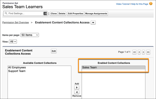 The Sales Team Learners permission set, showing the Sales Team content collection enabled.