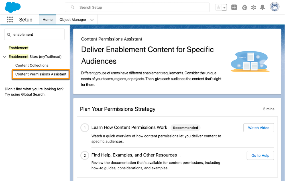 La página Asistente de permisos de contenido en la configuración de Salesforce.