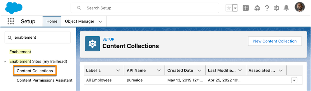 La página Recopilaciones de contenido en Configuración, que muestra la recopilación inicial Todos los empleados.