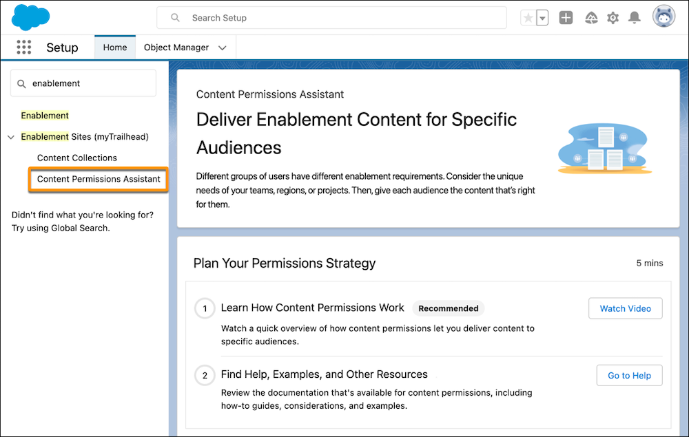 A página Assistente de permissões de conteúdo em Configuração, no Salesforce.