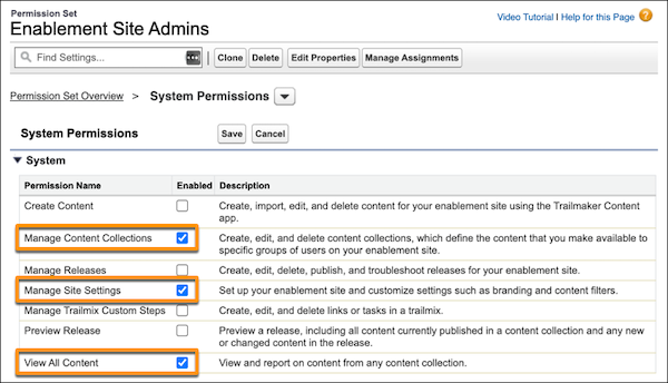 The myTrailhead Admins permission set with the appropriate admin permissions enabled.