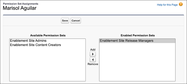 Permission Set Assignments page for Marisol, showing the Enablement Site Release Managers permission set added to the list of enabled permission sets.