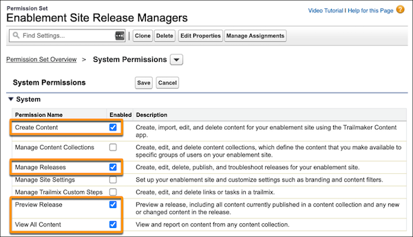 Der Berechtigungssatz 'Enablement-Site-Versionsmanager' mit den entsprechenden aktivierten Berechtigungen für Versionsmanager.