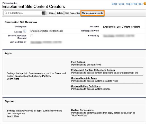 Page de présentation de l’ensemble d’autorisations Créateurs de contenu du site enablement, indiquant où gérer les attributions de l’ensemble d’autorisations.