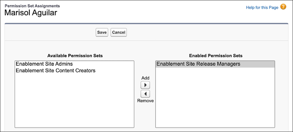 Página de Atribuições de conjunto de permissões da Marisol, mostrando o conjunto de permissões Gerentes de versão do site de capacitação adicionado à lista de conjuntos de permissões habilitados.