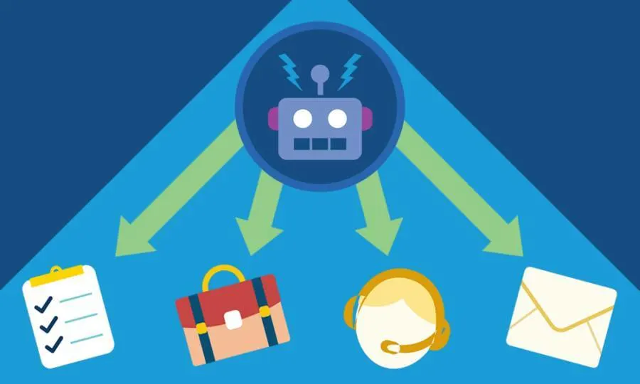 Natural Language Processing robot pointing to symbols of tasks it can process: lists, information, customer service, spam detection.