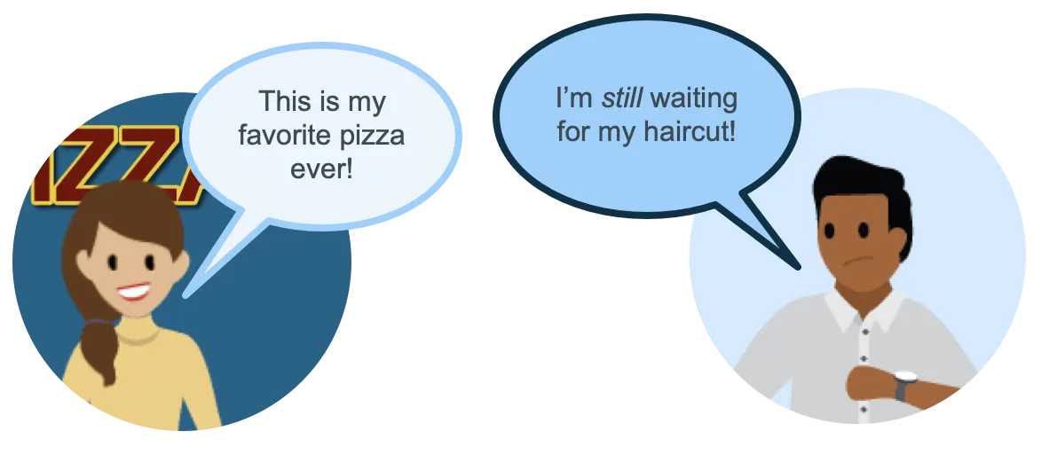 A happy-looking woman with a speech bubble that says, “This is my favorite pizza, ever!” and a grumpy-looking man with a speech bubble that says, “I’m still waiting for my haircut.”