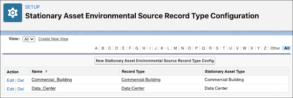 The Commercial Building and Data Center record types listed on the Stationary Asset Environmental Source Record Type Configuration page.