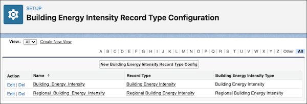 The Building Energy Intensity and Regional Building Energy Intensity record types listed on the Building Energy Intensity Record Type Configuration page.