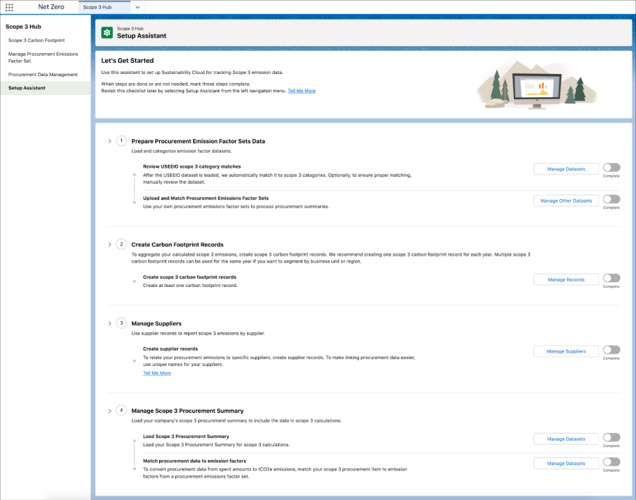 The Scope 3 Procurement Hub Setup Assistant with guided steps for loading and preparing procurement data for Scope 3 reporting.