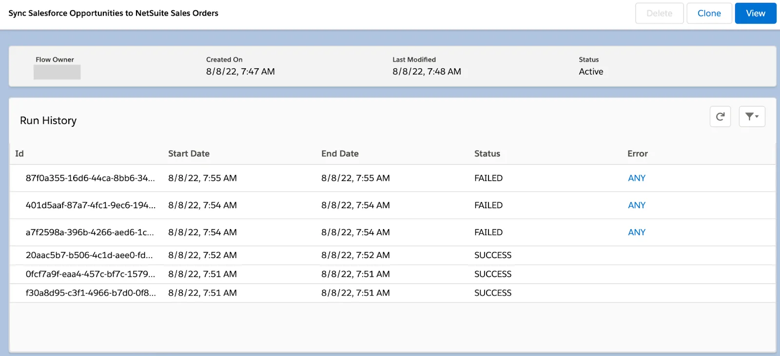 Run history of a flow showing Id, Start Date, End Date, and Status of six instances.