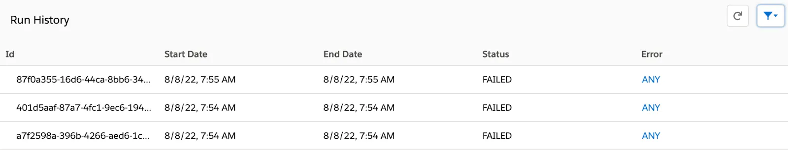 Run history of a flow showing Id, Start Date, End Date, Status, and error information of three failed instances.