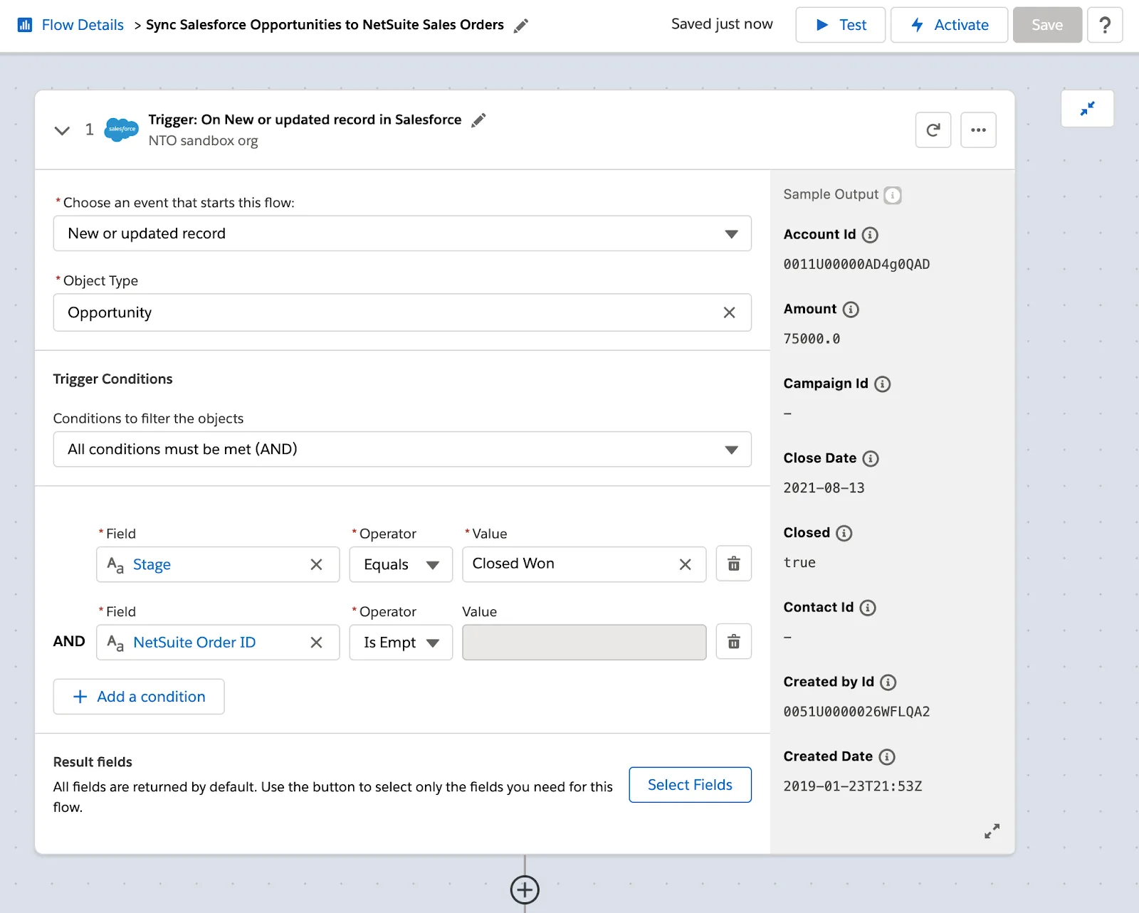 Step 1 of flow showing a new or updated opportunity in Salesforce as the trigger with the conditions stage equals closed won and NetSuite Order ID is empty.