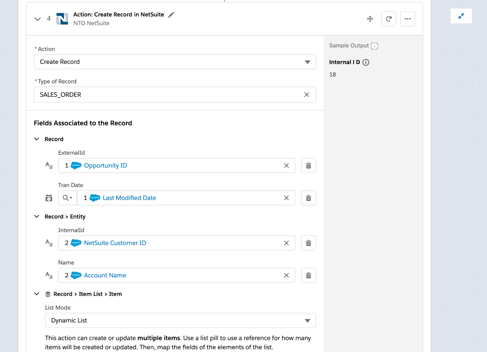 Step 4 within For Each block to create a sales order with fields such as transaction date and name.