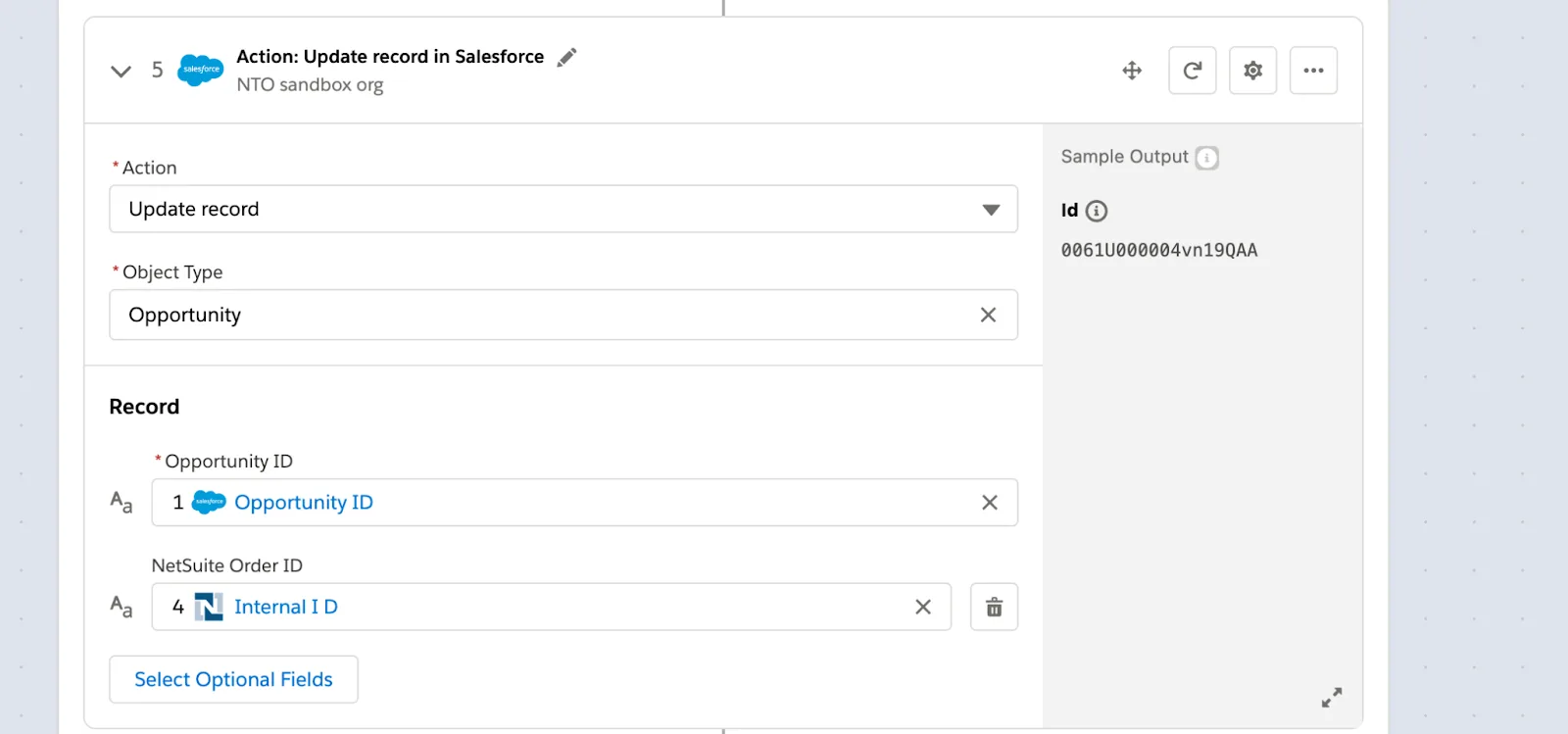 Step 5 of flow within For Each block to update opportunity with NetSuite sales order’s internal ID.