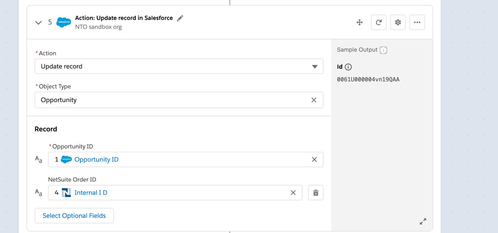 Step 5 of flow within For Each block to update opportunity with NetSuite sales order’s internal ID.