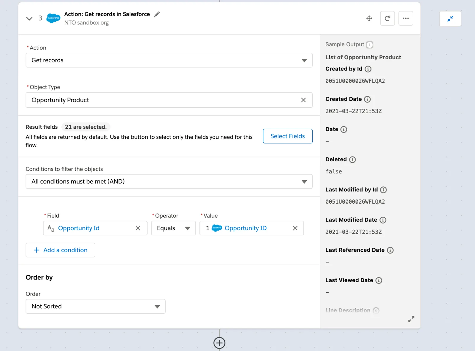 Step 3 of flow to get all opportunity products with condition opportunity ID equals opportunity ID in step 1 of flow.