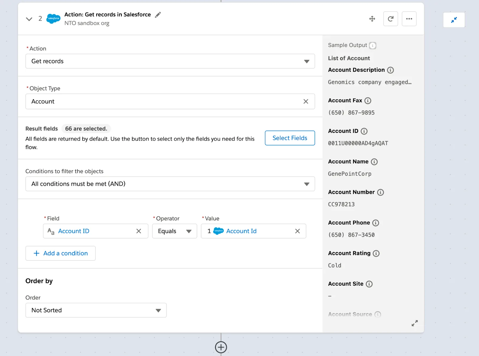 Step 2 of flow to get all accounts with condition account ID equals account ID in step 1 of flow.