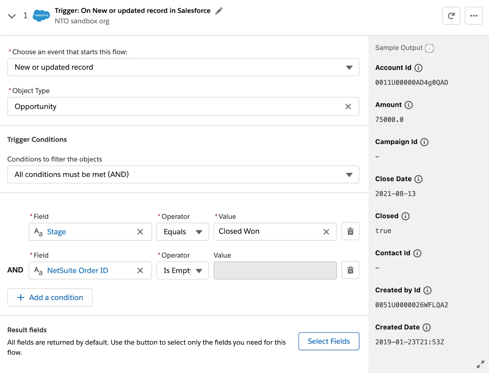 Step 1 of flow as trigger event with conditions for Stage and NetSuite Order ID.